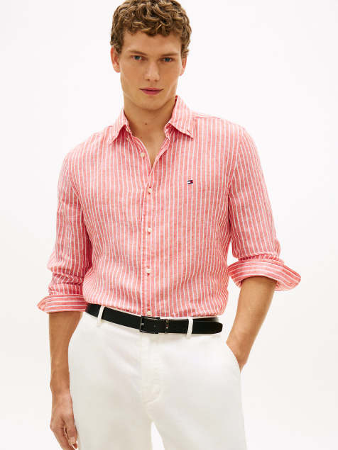 Tommy Hilfiger - Chemise classique en pur lin à rayures Bengale - Orange - view 1