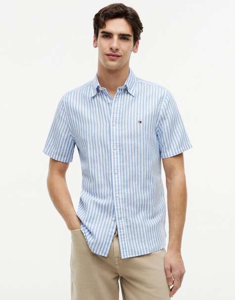 Tommy Hilfiger - Chemise coupe classique en lin mélangé à manches courtes et rayures - Bleu clair - view 1