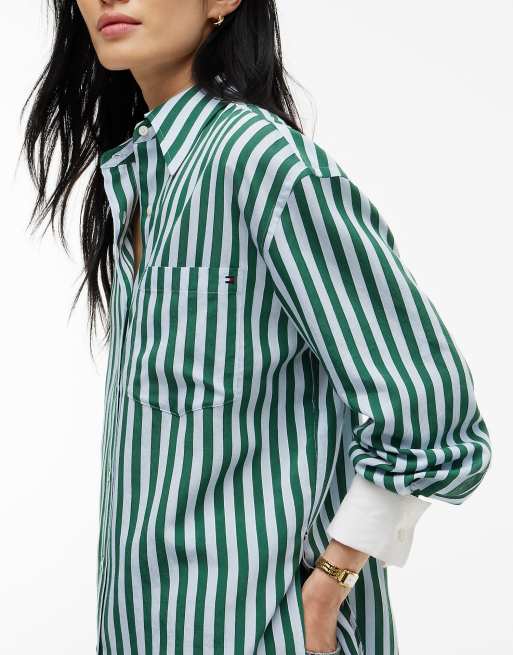 Tommy Hilfiger chemise coupe relaxed à rayures avec double poignet en bleu et vert, 3 de 6