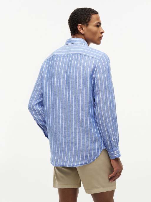 Tommy Hilfiger chemise en lin pur à rayures texturées coupe regular bleue, 4 de 6