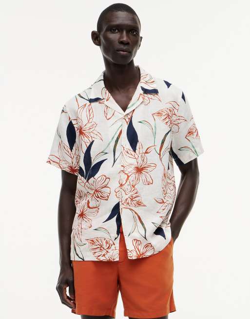 Tommy Hilfiger - Chemise manches courtes coupe classique en lin à imprimé tropical - Blanc multicolore