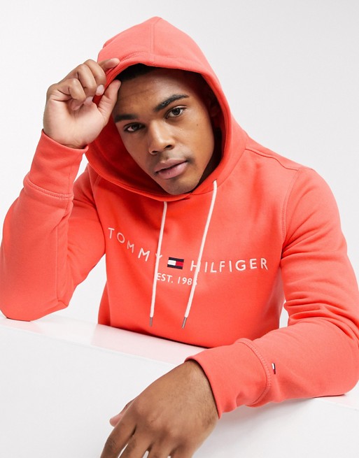 Tommy Hilfiger chest flag logo embroidered hoodie in washed vermillion red