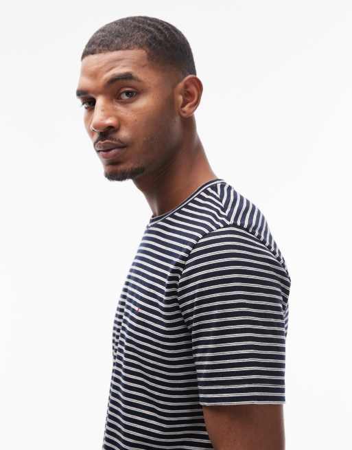 Tommy Hilfiger chest flag logo striped T-shirt in blue and white , 4 of 5