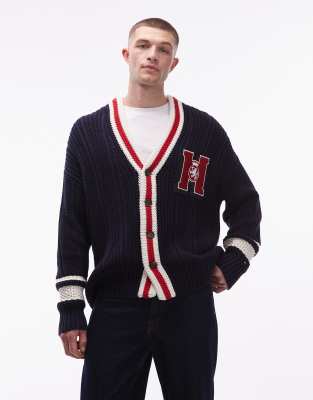 Tommy Hilfiger Chest Graphic Embroidered Logo Cardigan With Piping Details In Blue