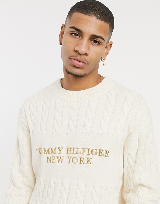 Tommy Hilfiger chest logo cable knit jumper in beige