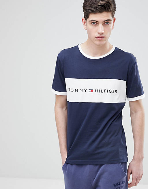 Tommy Hilfiger Chest Logo Panel T-Shirt Cut & Sew in Navy/White | ASOS