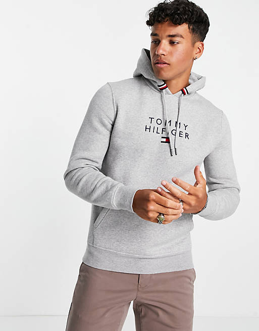 Tommy Hilfiger chest stacked flag logo hoodie in medium gray heather | ASOS