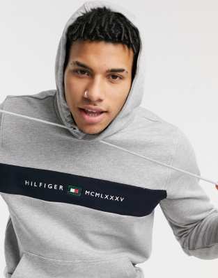 tommy hilfiger icon stripe logo print hoodie in grey marl