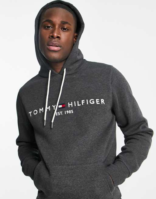 Tommy Hilfiger – Ciemnoszara bluza z kapturem i klasycznym logo