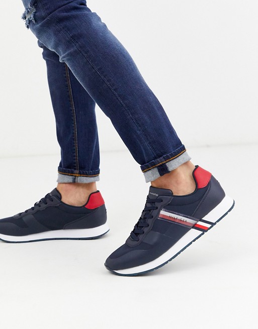Tommy Hilfiger city modern mixed fabric logo stripe trainers in navy