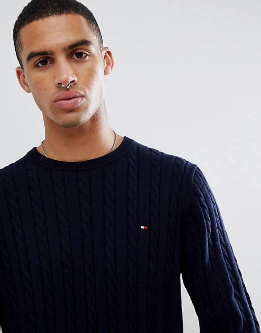 Tommy Hilfiger classic cotton cable knit crewneck sweater flag logo in navy  marl | ASOS