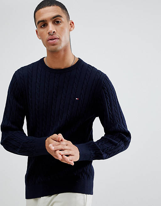 Tommy Hilfiger classic cotton cable knit crewneck sweater flag logo in navy  marl | ASOS