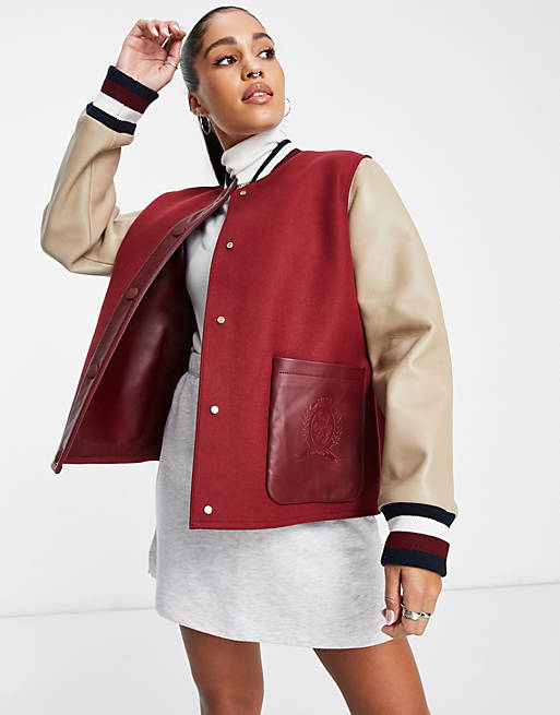 Tommy Hilfiger collections baseball jacket in burgundy and cream | ASOS