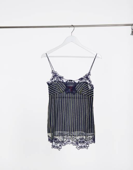 Tommy Hilfiger - Collections - Canotta blu navy in tessuto gessato e dettagli in pizzo