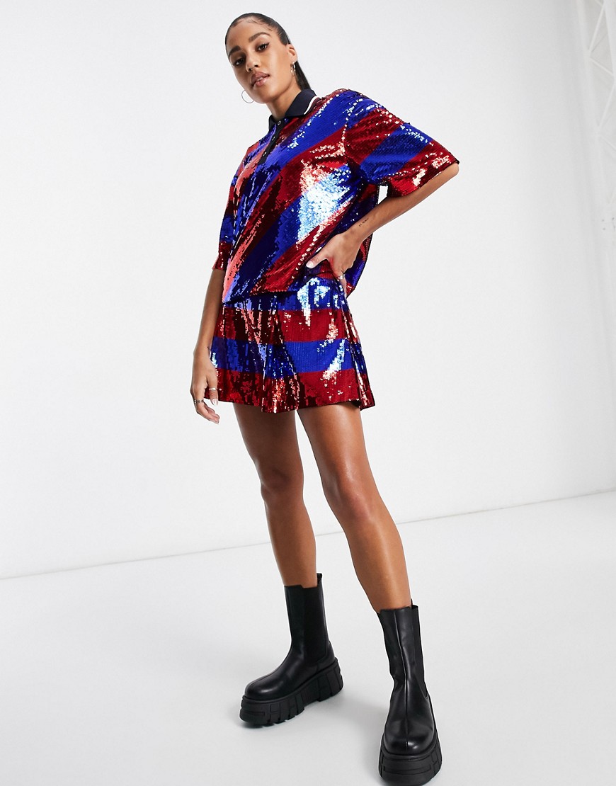 tommy hilfiger - collections - gonna polo con paillettes a righe stile rugby in coordinato-multicolore