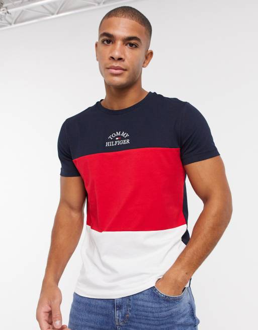 Tommy Hilfiger color block chest logo t-shirt in navy | ASOS