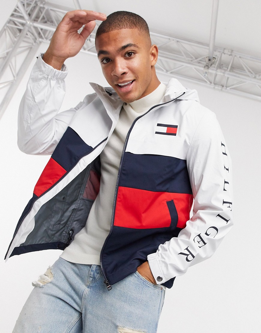 Tommy Hilfiger colourblock hooded jacket with sleeve logo in white