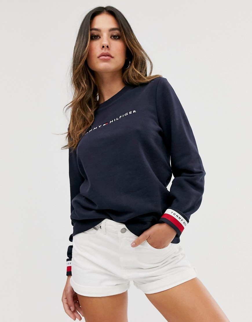 Tommy Hilfiger - Corp - Sweatshirt met logo en asymmetrisch gestreepte manchetten-Marineblauw