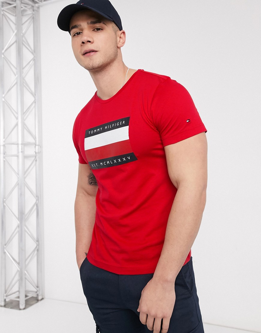 Tommy Hilfiger - Corp - T-shirt rosso primario a righe con riquadro e logo