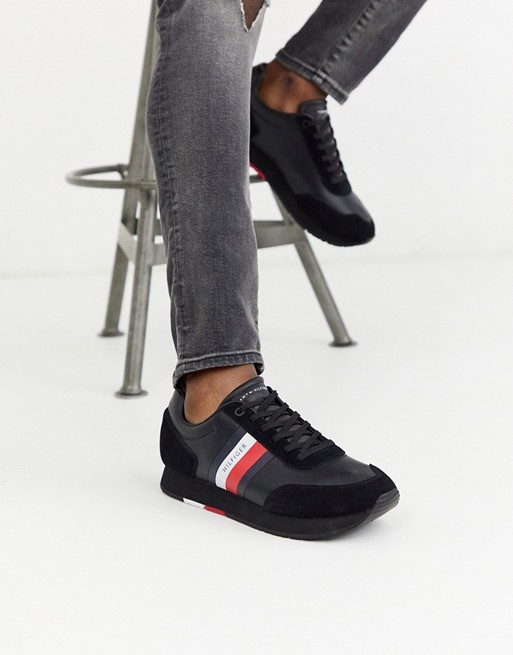 Tommy Hilfiger corporate leather flag runner in black