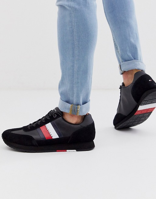 Tommy Hilfiger corporate leather suede mix runner trainer in black