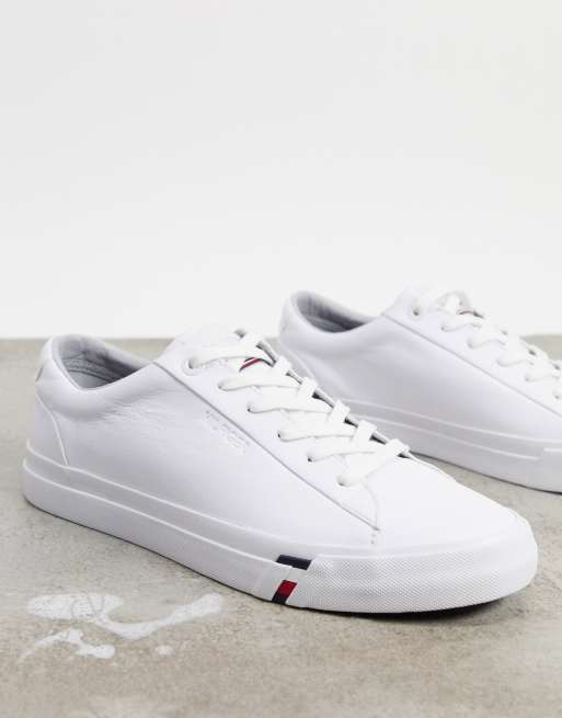 tommy hilfiger corporate logo leather trainers in white