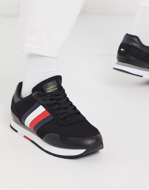 Tommy Hilfiger corporate mix material stripe trainers in black