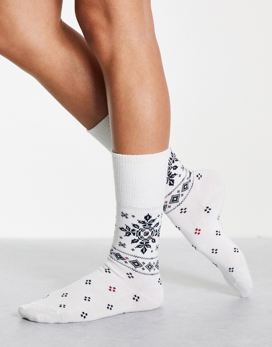 Tommy Hilfiger cosy snowflake boot sock in cream-White