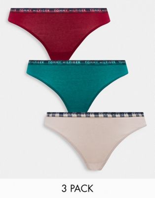 Tommy Hilfiger cotton blend essentials check waistband 3 pack thong in red, pink and green