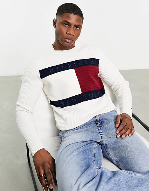 Tommy Hilfiger cotton blend large flag logo knit sweater in ivory | ASOS