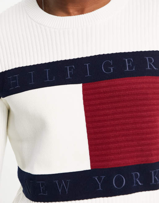 Tommy Hilfiger cotton | ivory logo knit sweater flag blend in large ASOS