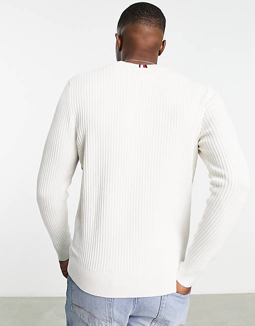 Tommy Hilfiger cotton blend large flag logo knit sweater in ivory | ASOS