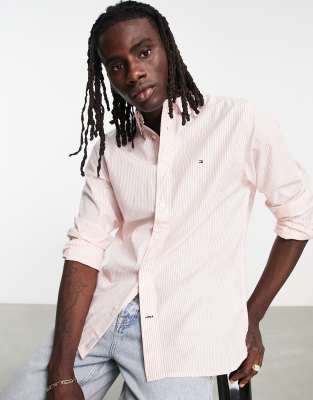 Tommy Hilfiger cotton blend natural soft poplin stripe shirt regular fit in pink - PINK - ASOS Price Checker