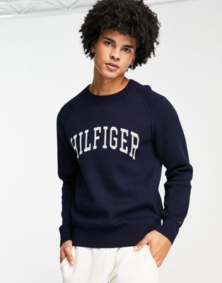 Tommy Hilfiger cotton blend varsity applique logo knit jumper in navy