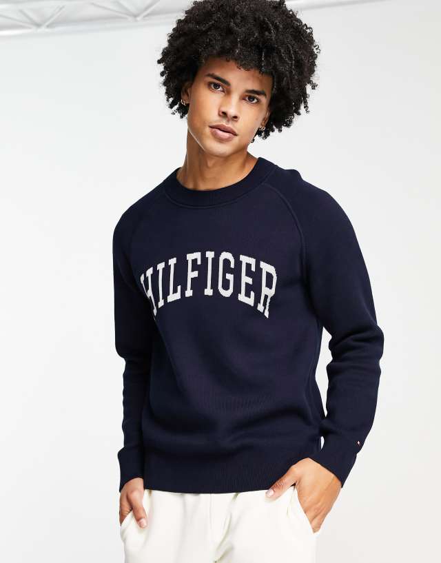 Tommy Hilfiger cotton blend varsity applique logo knit sweater in navy