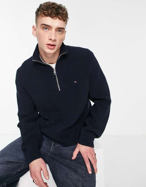 Mediate Modregning Hare Tommy Hilfiger cotton half zip flag logo jumper in navy | ASOS