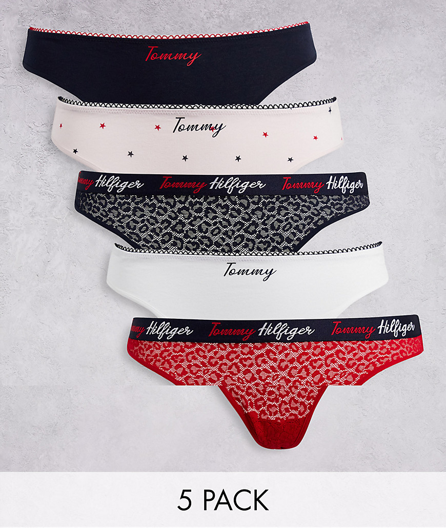 Tommy Hilfiger cotton lace and print mix thong 5 pack in multicolour – MULTI