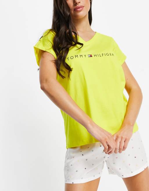 Tommy Hilfiger cotton logo t shirt and short pajama set in neon yellow YELLOW