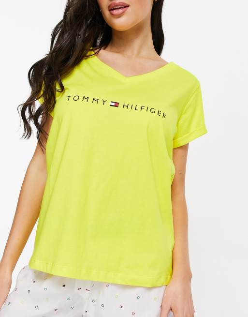 Tommy Hilfiger cotton logo t shirt and short pyjama set in neon