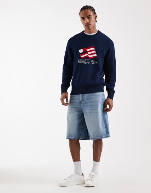 Tommy Hilfiger cotton waving flag logo knitted jumper in navy, 2 of 5