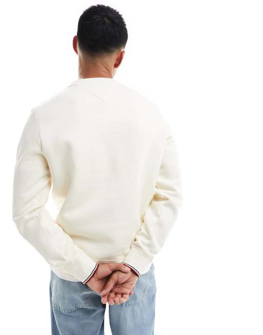 Tommy Hilfiger - Cremehvid sweatshirt med rund hals samt logo og kantdetaljer, 3 af 4