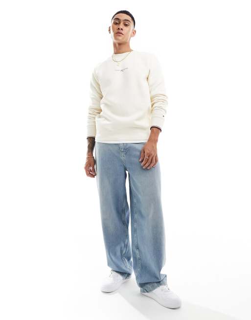 Tommy Hilfiger - Cremehvid sweatshirt med rund hals samt logo og kantdetaljer, 4 af 4