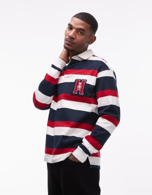Tommy Hilfiger Tommy Hilfiger crest chest graphic logo striped rugby polo shirt in navy / red/ cream