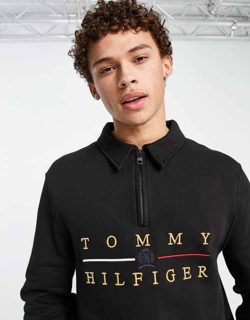 Tommy Hilfiger crest chest logo half zip sweatshirt in black