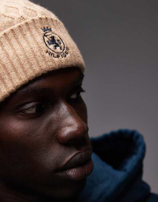 Tommy Hilfiger crest logo knitted beanie in beige | ASOS