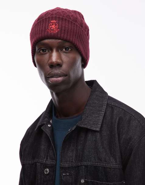 Tommy Hilfiger crest logo knitted beanie in burgundy - view 1