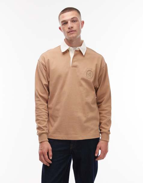Tommy Hilfiger crest logo long sleeve rugby polo shirt in beige 