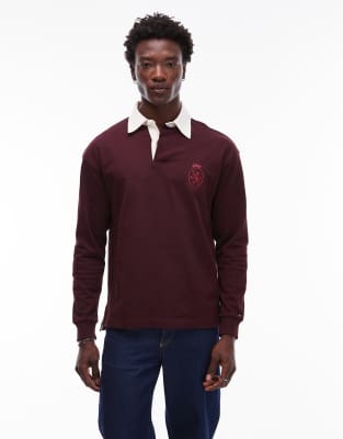 Tommy Hilfiger Tommy Hilfiger crest logo long sleeve rugby polo shirt in burgundy-Red