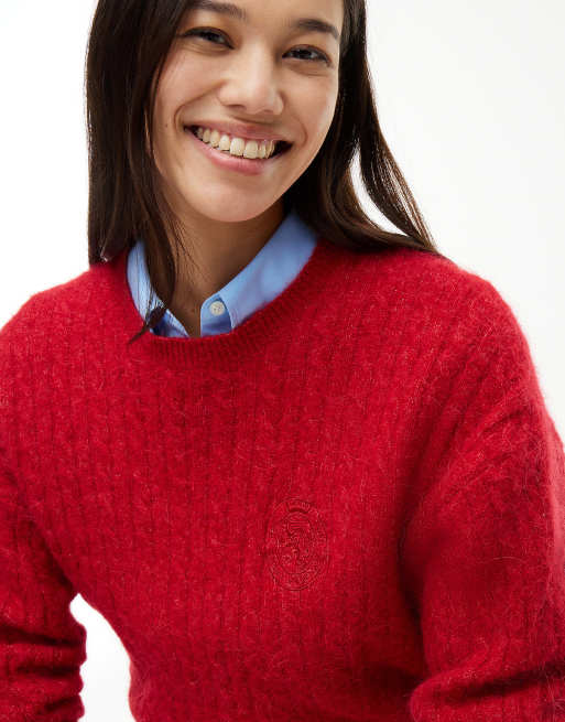 Tommy Hilfiger Crest pull en maille torsadée en mélange laine d’alpaga rouge moyen, 3 de 7