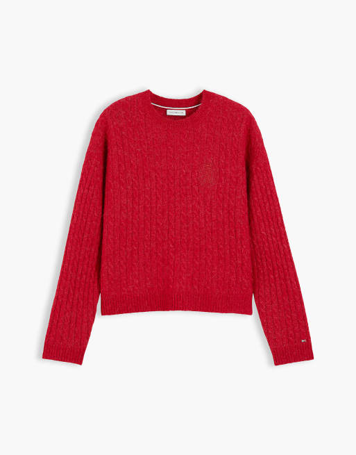 Tommy Hilfiger Crest pull en maille torsadée en mélange laine d’alpaga rouge moyen, 6 de 7